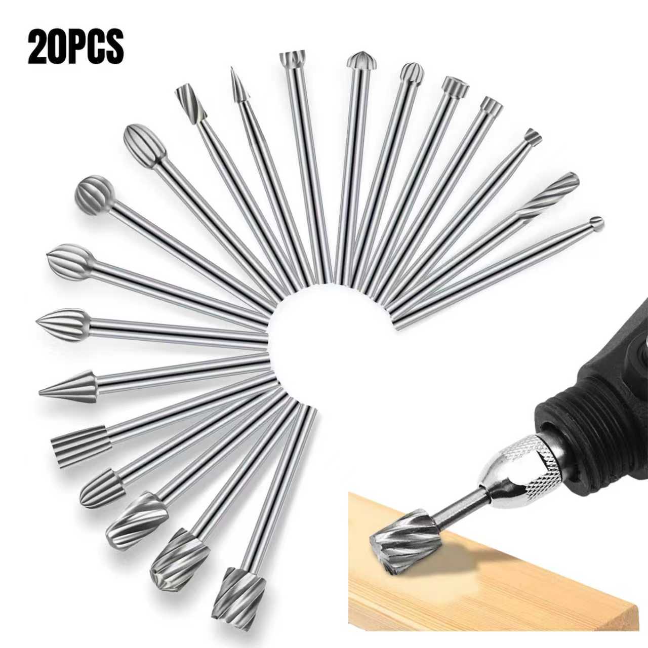 Wood Chisel Set - 20個入りロータリードリルビットとバリ取りセット、1/8インチシャンク木工彫刻ビット、DIY木工、穴あけ、彫刻、刻印用
